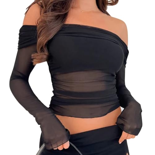 ABAFIP Damen Sheer Crop Top Rüschen Schulterfrei Mesh Cropped Langarm Bluse Rave Tops, Schwarz, Klein von ABAFIP