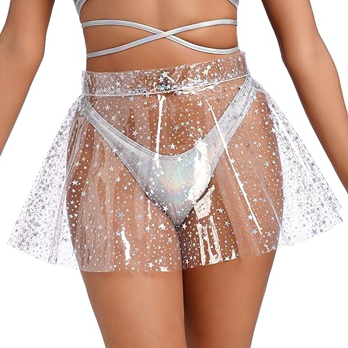 ABAFIP Damen Sheer Mesh Mini Rock Bikini Cover up Hohe Taille Rüschen Strand Sarong Coverup Einfarbig Skater Rock, Klarer Stern, S von ABAFIP
