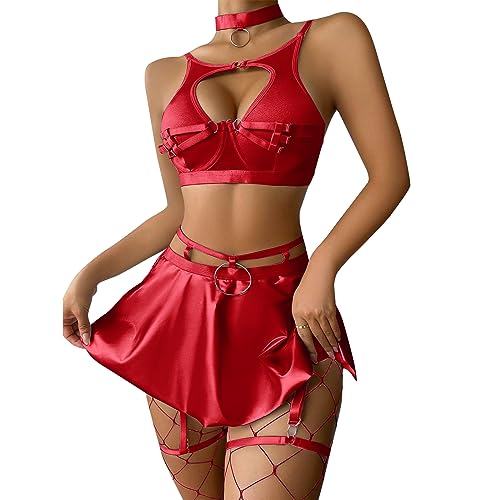 ABAFIP Frauen Rave Outfits Metallic Mini Rock Cutout Crop BH Top Choker Strappy Festival Dancewear Set, Rot/Ausflug, einfarbig (Getaway Solids), S von ABAFIP