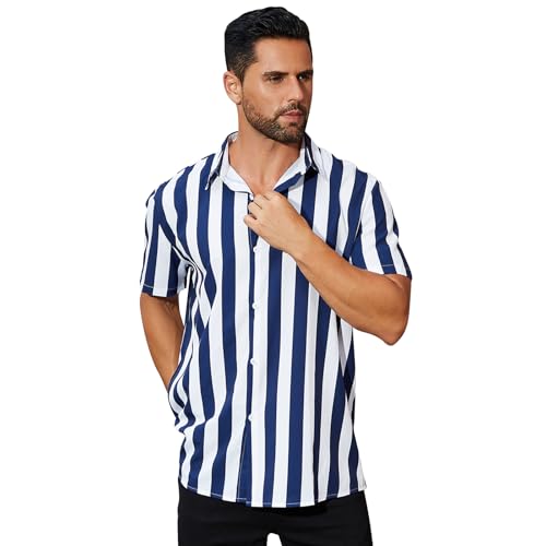 ABAFIP Herren Casual Gestreiftes Button Down Kurzarm Hemd Sommer Strand Hawaii Button Up Kleid Shirts, marineblau, Mittel von ABAFIP