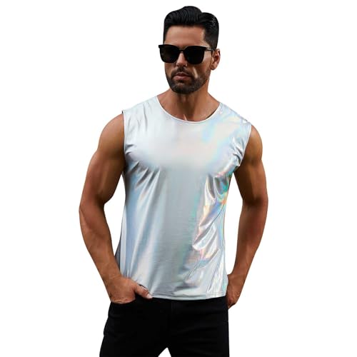 ABAFIP Herren Rave Tanks Glänzendes holografisches Tanktop Ärmellos Reflektierend Disco Dance Shirts Streetwear, silber, XX-Large von ABAFIP