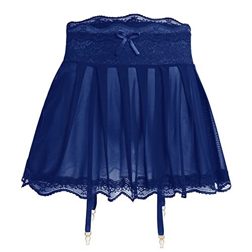 ABAFIP Herren Sissy Crossdressing Dessous Durchsichtiger Minirock mit Strumpfhaltern Gürtel Riemchen Spitzenbesatz Tüll Micro Röcke Unterwäsche, Dunkelblau, Large von ABAFIP