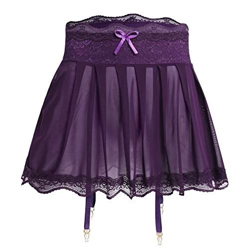 ABAFIP Herren Sissy Crossdressing Dessous Durchsichtiger Minirock mit Strumpfhaltern Gürtel Riemchen Spitzenbesatz Tüll Micro Röcke Unterwäsche, Dunkles Violett, XX-Large von ABAFIP