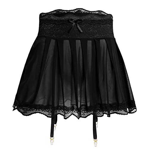 ABAFIP Herren Sissy Crossdressing Dessous Durchsichtiger Minirock mit Strumpfhaltern Gürtel Riemchen Spitzenbesatz Tüll Micro Röcke Unterwäsche, Schwarz, XX-Large von ABAFIP