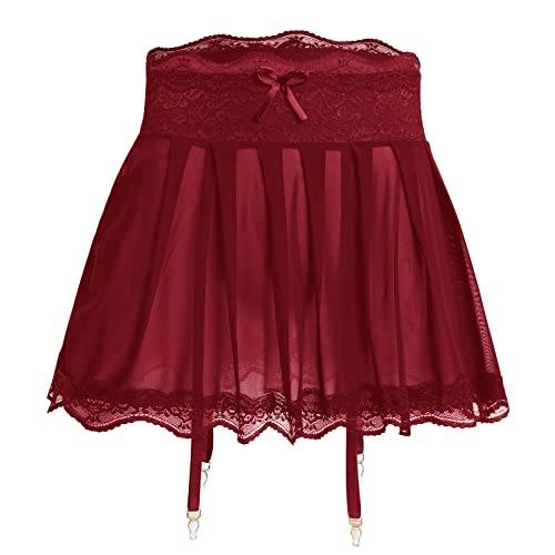 ABAFIP Herren Sissy Crossdressing Dessous Durchsichtiger Minirock mit Strumpfhaltern Gürtel Riemchen Spitzenbesatz Tüll Micro Röcke Unterwäsche, Weinrot, XX-Large von ABAFIP