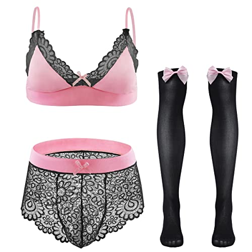 ABAFIP Herren Sissy Unterwäsche Blumen-Spitze BH Bikini Höschen Schleife Strümpfe 3-teiliges Nachtwäsche Set, Schwarz + Pink, XX-Large von ABAFIP