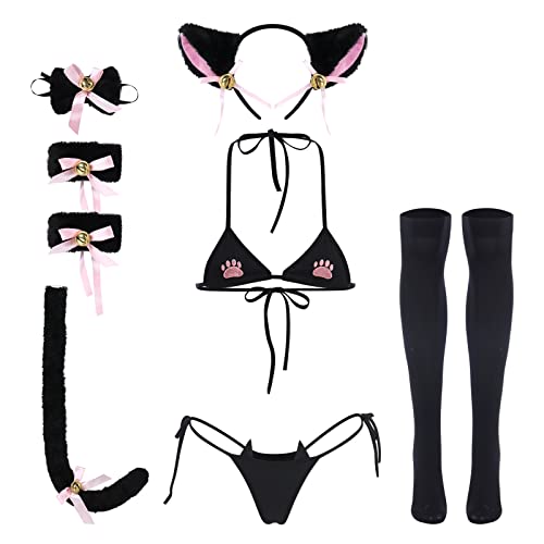 Damen Niedlich Anime Kawaii Katze Kätzchen Cosplay Riemchen Dessous Halfter Micro BH Panty Stirnband Strumpfband Strumpfhose Set, Black-02, Einheitsgröße von ABAFIP