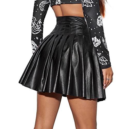 Damen PU Leder Hohe Taille Plissee Mini Röcke Ausgestellte A-Linie Kurzer Rock Nachtclub Festival Rave Outfits, Schwarz, Groß von ABAFIP