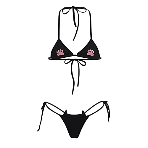 Damen Süßes Kawaii Anime Katze Kätzchen Dessous Set Micro Bikini Strappy Tiny BH Mini Panty Extreme Badeanzug, Schwarz-02, Einheitsgröße von ABAFIP