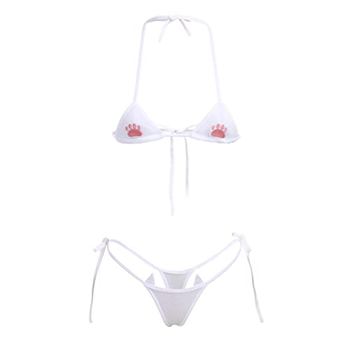 Damen Süßes Kawaii Anime Katze Kätzchen Dessous Set Micro Bikini Strappy Tiny BH Mini Panty Extreme Badeanzug, White-01, Einheitsgröße von ABAFIP