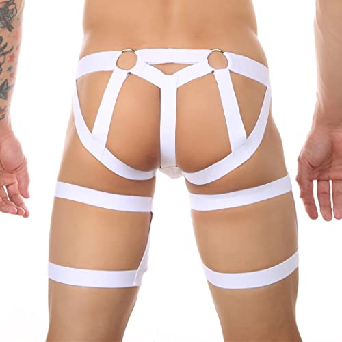 Herren Athletic Jockstrap Unterwäsche Hollow Out Low Rise Strappy Cutout Bikini Jock Strap Rave Unterhose mit Beinband, Weiss/opulenter Garten, Large von ABAFIP