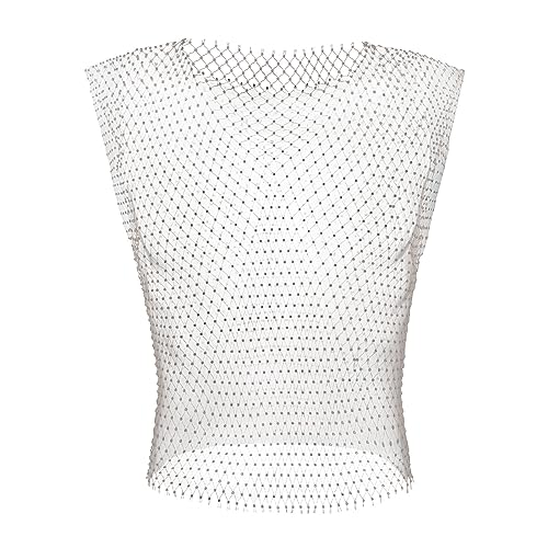 Herren Rave Outfit Sheer Strass Top Ärmellos Tanks Crop Top Fischnetz Weste Selbstbinden Wrap Minirock, Silberfarbene Oberseite, Large von ABAFIP