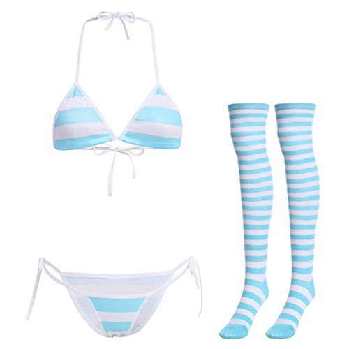 Niedliches Kawaii-Anime-Dessous-Set mit Neckholder-Trägern, Mikro-BH, winziger Höschen-Strumpfband, Gürtel, gestreifte Strümpfe, 4 Stück Unterwäsche, Blau – breite Streifen, Einheitsgröße von ABAFIP