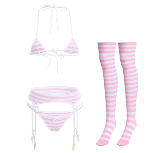 Niedliches Kawaii-Anime-Dessous-Set mit Neckholder-Trägern, Mikro-BH, winziger Höschen-Strumpfband, Gürtel, gestreifte Strümpfe, 4 Stück Unterwäsche, Pink, Einheitsgröße von ABAFIP