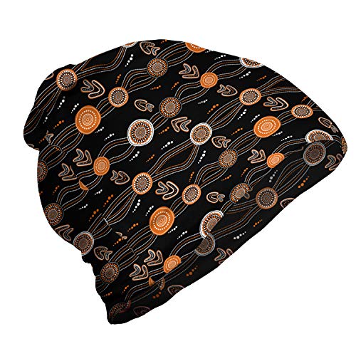 ABAKUHAUS Aboriginal Unisex Beanie, Waves Dots und Boomerang, Wandern im Freien, grau orange von ABAKUHAUS