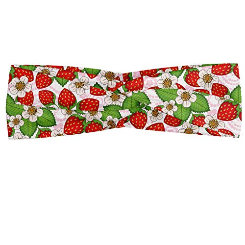 ABAKUHAUS Blumen Halstuch Bandana Kopftuch, Erdbeeren mit Blumen und Blättern Sommersaison Themed Essen Essen, Elastisch und Angenehme alltags accessories, Vermilion, Grün, Rosa von ABAKUHAUS