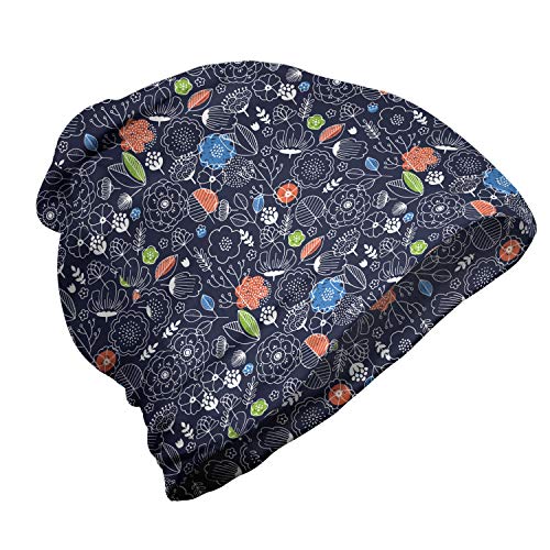 ABAKUHAUS Blumen Unisex Beanie, Blumen Blätter Scandinavian, Wandern im Freien, Dark Indigo und Multicolor von ABAKUHAUS