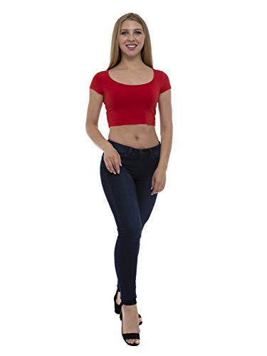 ABAKUHAUS Damen Basic Crop Top U-Ausschnitt, Kurze Ärmel, XL, Rot von ABAKUHAUS