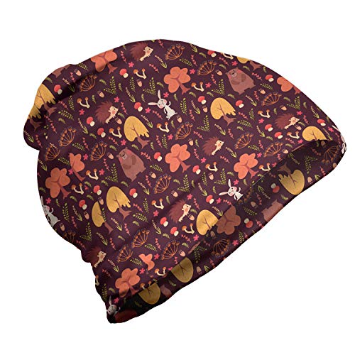 ABAKUHAUS Herbst Unisex Beanie, Bär Igel Kaninchen-Entwurf, Wandern im Freien, Maroon und Multicolor von ABAKUHAUS