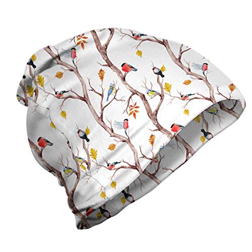 ABAKUHAUS Herbst Unisex Beanie, Vögel auf einem Baum Art Design, Wandern im Freien, Dunkler Pfirsich und Multicolor von ABAKUHAUS