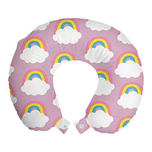 ABAKUHAUS Regenbogen Reisekissen Nackenstütze, Weichen Wolken Cartoon Nursery, Schaumstoff Reiseartikel für Flugzeug und Auto, 30x30 cm, Grau, Rosa und Multicolor von ABAKUHAUS