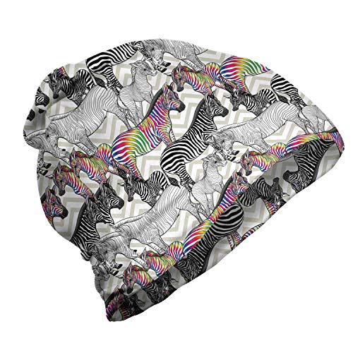 ABAKUHAUS Regenbogen Zebra Unisex Beanie, Funky Tier Chevrons, Wandern im Freien, Grau Gelb Multicolor von ABAKUHAUS