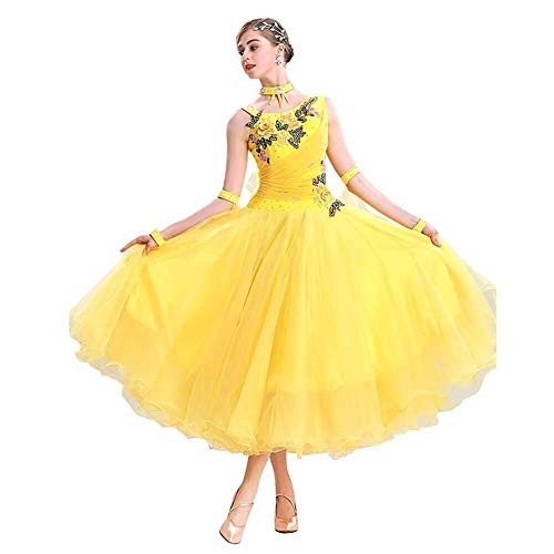 Ärmel Standard Party Tanzkleid für Damen, Walzer Tango Turnierkleider Big Swing Dress (Color : Yellow, Size : XXL) von ABBNHK
