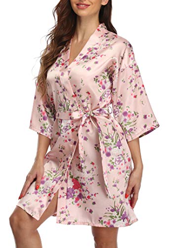 Damen-Bademantel, Satin, Blumenmuster, Brautjungfern, seidig, kurzer Bademantel, Nachtwäsche, rose, XS-S von ABC-STAR