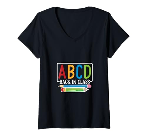 Damen Lustiger Schulkindergarten Lehrer T-Shirt mit V-Ausschnitt von ABCD Back In Class