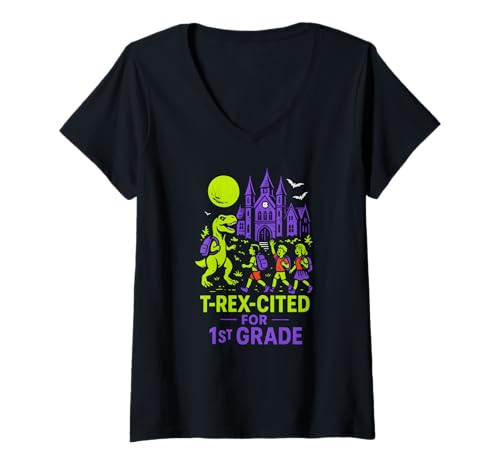 Damen Dinosaurier-T-Rex-zitierte süße Kinder zurück zur Schule T-Shirt mit V-Ausschnitt Damen Dinosaurier-T-Rex-zitierte süße Kinder zurück zur Schule T-Shirt mit V-Ausschnitt von ABCD Back To School Happy First Day Apparel
