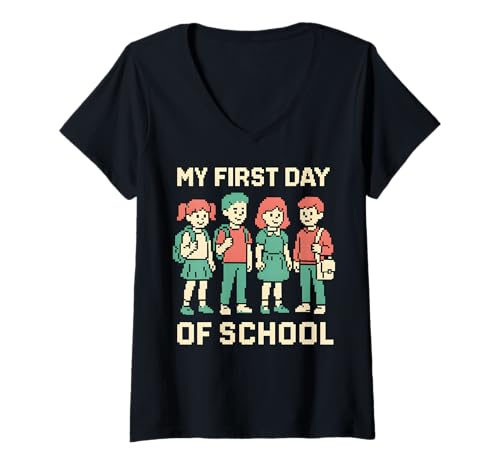 Damen Erstklässler Mein erster Schultag Süße Kinder ABCD School T-Shirt mit V-Ausschnitt Damen Erstklässler Mein erster Schultag Süße Kinder ABCD School T-Shirt mit V-Ausschnitt von ABCD Back To School Happy First Day Apparel