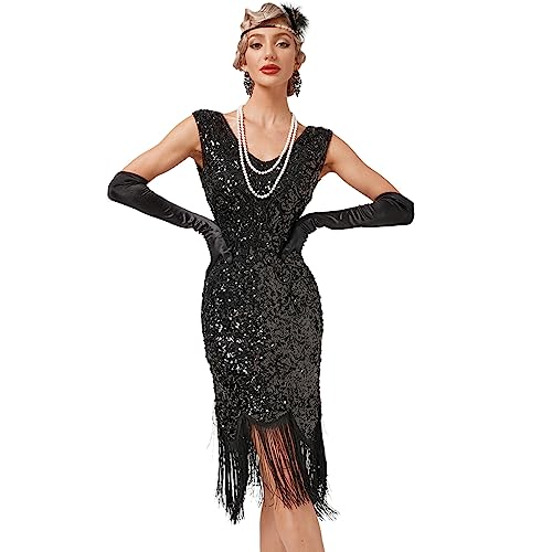 ABEHIK Damen 1920er Kleider Gatsby Kleid Glitzer Cocktailkleid mit Fransen �rmellos Paillettenkleid Vintage Ballkleid Partykleid Elegant schwarz L von ABEHIK