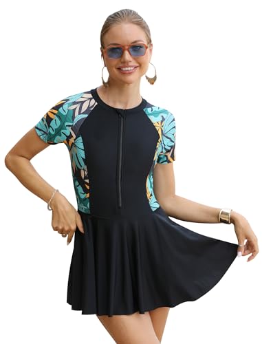 ABEHIK Damen Badeakleid mit Shorts Einteilige Takini Kurzarmel Schwimmkleid Schwimmanzug Sommer Badeanzug Frauen Bademode Swim Dress schwarz mit gr�n M von ABEHIK