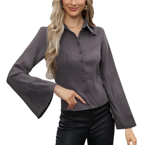 ABEHIK Damen Langarm Gestreifte Hemd Button Down Lässige Bluse Elegante Büro Basic Streifenbluse Hemdbluse Business Outfit grau XXL von ABEHIK