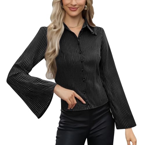 ABEHIK Damen Langarm Gestreifte Hemd Button Down Lässige Bluse Elegante Büro Basic Streifenbluse Hemdbluse Business Outfit schwarz L von ABEHIK