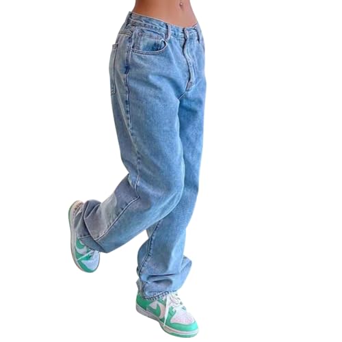 ABEHIK Damen Lange Jeans mit Weitem Bein und Taschen Baggy Herbst Arbeitshose 2001er Jahre Denim Niedriger Waist Hose Freizeithose von ABEHIK