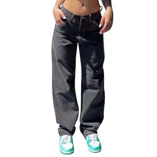 ABEHIK Damen Lange Jeans mit Weitem Bein und Taschen Baggy Herbst Arbeitshose 2005er Jahre Denim Niedriger Waist Hose Freizeithose von ABEHIK