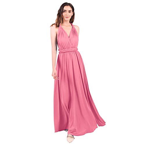 ABEHIK Damen Maxi Multiway Wickelkleid Lange Sexy Brautjungfernkleider mit Schnürung Elegant Rückenfreies Abendkleid Partykleid Festlich Kleid bohnenrosa S von ABEHIK
