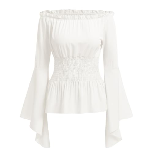 ABEHIK Damen Mittelalter Oberteil Falten Ärmelstulpe Korsett Bluse Gothic Off Shoulder Top Langarm Renaissance Trachtenbluse Shirt weiß 2XL von ABEHIK