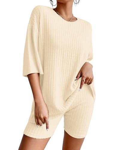 ABEHIK Damen Schlafanzug Sommer L�ssige Gestrickt Pyjama Set Zweiteiliger Rundhals Kurz Lounge S-XL beige M von ABEHIK