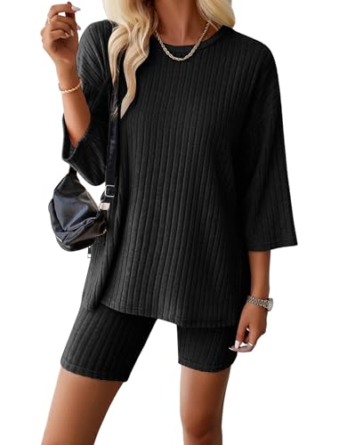 ABEHIK Damen Schlafanzug Sommer L�ssige Gestrickt Pyjama Set Zweiteiliger Rundhals Kurz Lounge S-XL schwarz XL von ABEHIK