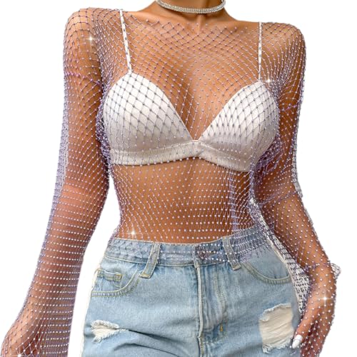 ABEHIK Damen Sexy Netzoberteil mit Strasssteinen Durchsichtige Fischernetz Pullover Y2K Cover Up Kostüme für Karneval Musikfestival Clubwear lila S ABEHIK Damen Sexy Netzoberteil mit Strasssteinen Durchsichtige Fischernetz Pullover Y2K Cover Up Kostüme für Karneval Musikfestival Clubwear lila S von ABEHIK