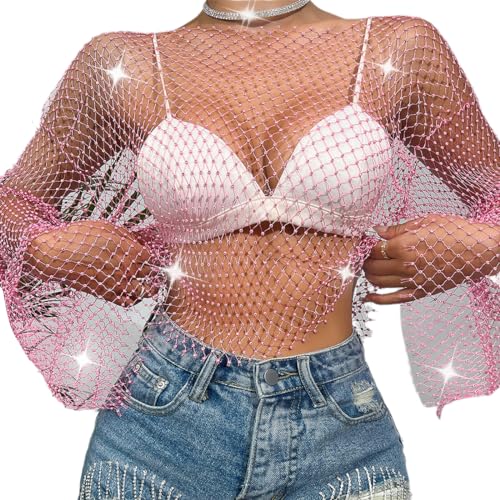 ABEHIK Damen Sexy Netzoberteil mit Strasssteinen Durchsichtige Fischernetz Pullover Y2K Cover Up Kostüme für Karneval Musikfestival Clubwear rosa S ABEHIK Damen Sexy Netzoberteil mit Strasssteinen Durchsichtige Fischernetz Pullover Y2K Cover Up Kostüme für Karneval Musikfestival Clubwear rosa S von ABEHIK