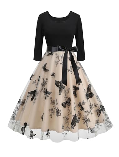 ABEHIK Damen Vintage Blumenkleid 3/4 Ärmel Herbstkleider mit Gürtel A-Linie Cocktail Hochzeit Gast Bestickt Tüll Kleid, Schmetterling, X-Groß von ABEHIK
