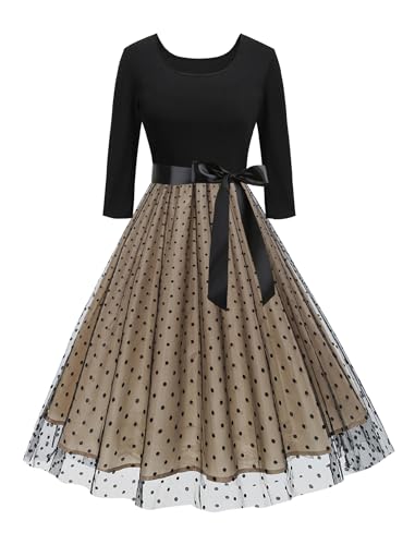 ABEHIK Damen Vintage Blumenkleid 3/4 Ärmel Herbstkleider mit Gürtel A-Linie Cocktail Hochzeit Gast Bestickt Tüll Kleid, Schwarze Punkte, Mittel von ABEHIK