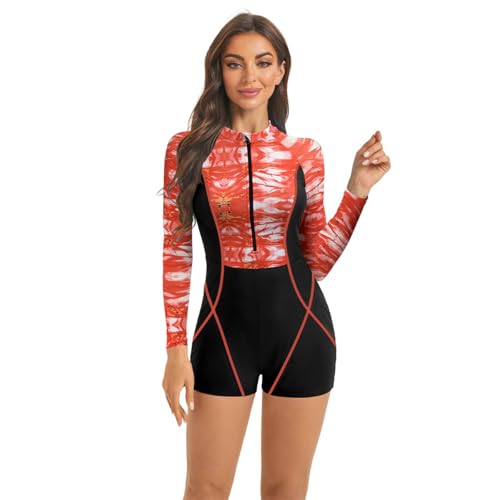 ABEHIK Einteiler Badeanzug mit Bein f�r Damen Bademode Bauchweg Slim Fit Mononiki Surfanzug mit Rei�verschluss Schwimmanzug Tankini Women Swimsuit rot M von ABEHIK