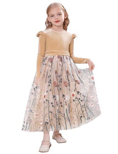 ABEHIK Herbst Winter Samtkleid für Mädchen Langarm Spitze Stickerei Weihnachtskleid mit Schnürungen Kinder Maxi Tüllk Elegantes Kommunionkleid Blumenmädchenkleider Champagne 5-6Y von ABEHIK