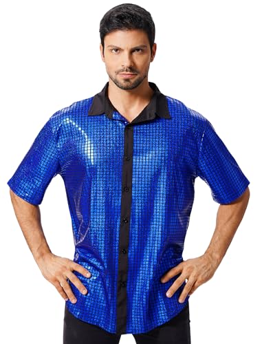 ABEHIK Herren Disco Hemd mit Pailletten 70er Kurzarm Party Kost�m f�r M�nner Rave Shirt Mottoparty Karneval blau XL von ABEHIK