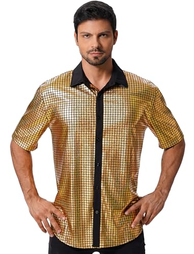 ABEHIK Herren Disco Hemd mit Pailletten 70er Kurzarm Party Kost�m f�r M�nner Rave Shirt Mottoparty Karneval gelb XXL von ABEHIK