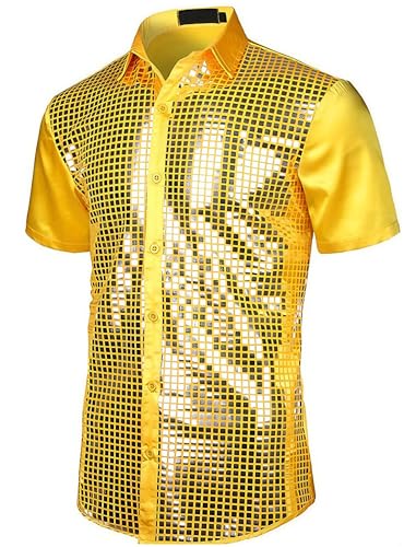 ABEHIK Herren Disco Hemd mit Pailletten 70er Kurzarm Party Kost�m f�r M�nner Rave Shirt Mottoparty Karneval hellgelb S von ABEHIK